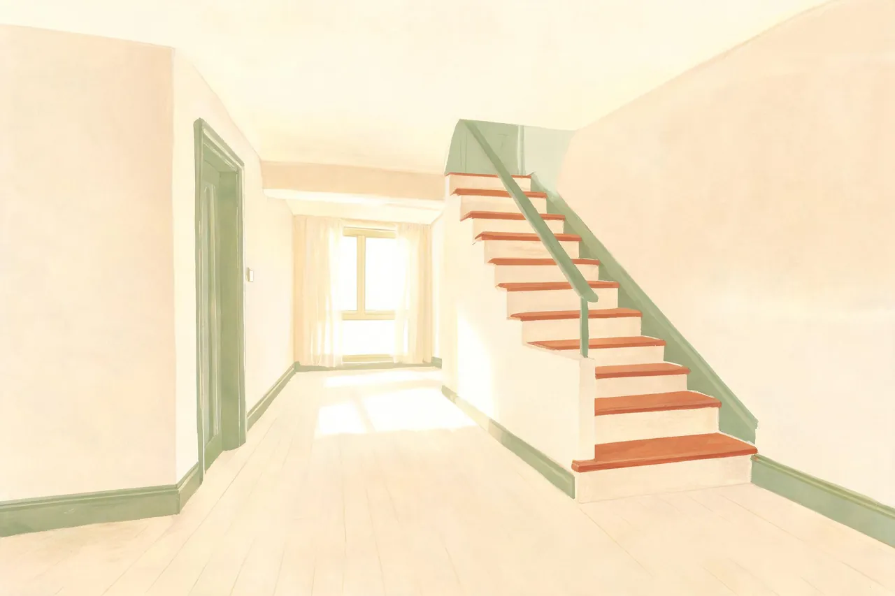 Illustration eines hellen, leergeräumten Treppenhauses nach einer Entrümpelung in Brühl