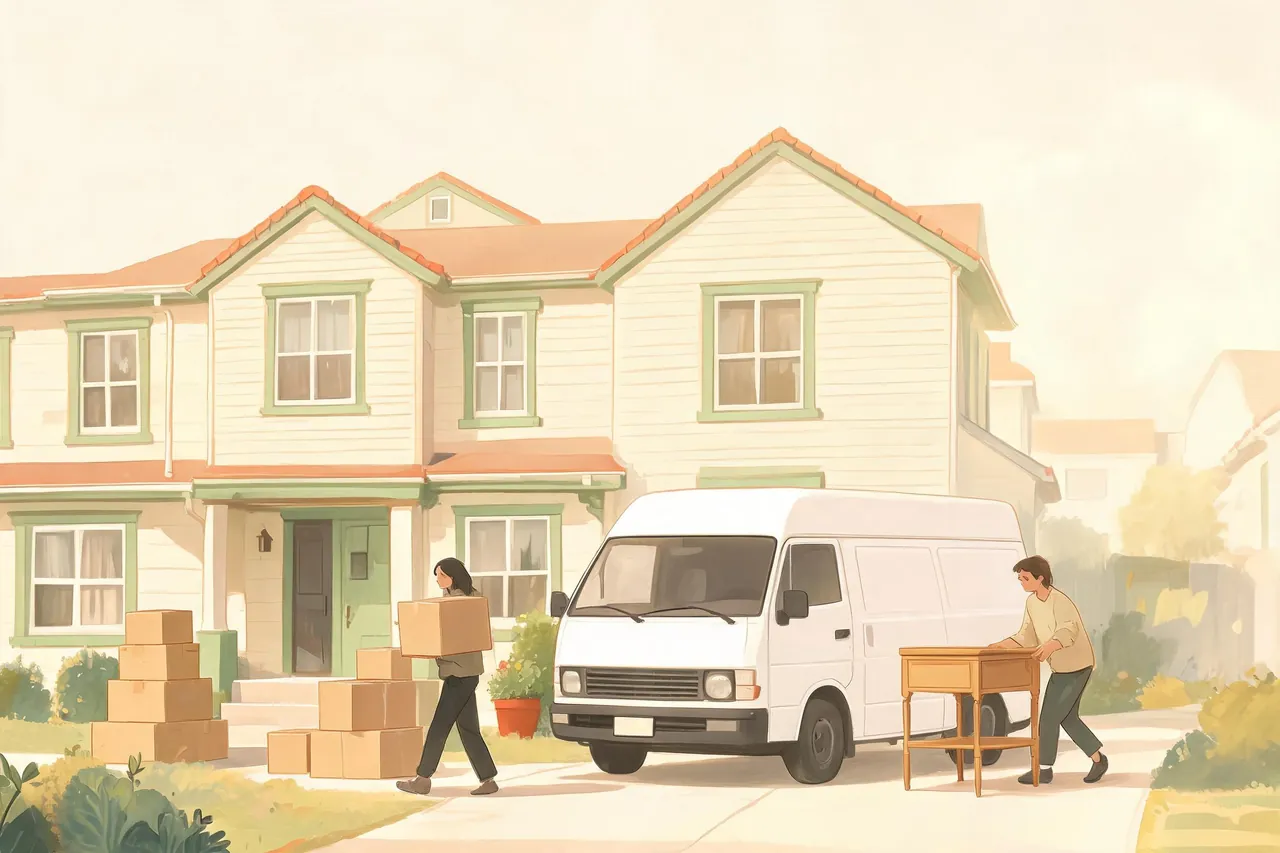 Illustration einer Haushaltsauflösung in Kerpen, Kartons und Möbel werden zu einem Transporter getragen