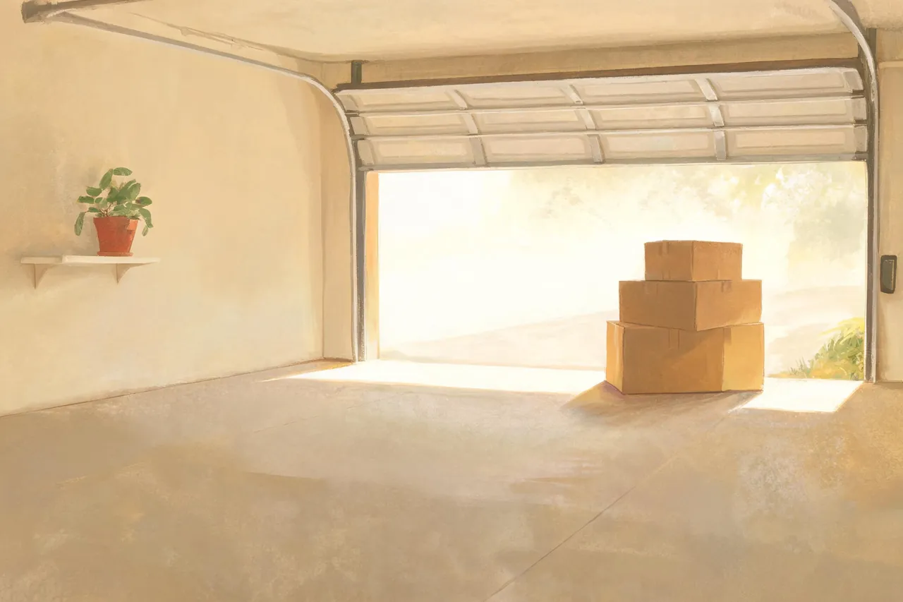 Illustration einer aufgeräumten, leergeräumten Garage nach einer Entrümpelung in Pulheim