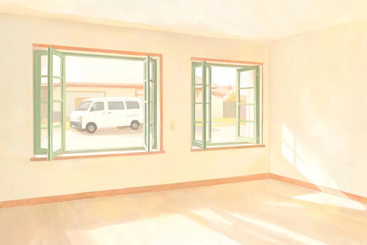 Illustration eines hellen, leergeräumten Zimmers nach einer Entrümpelung in Wesseling, draußen ein Transporter